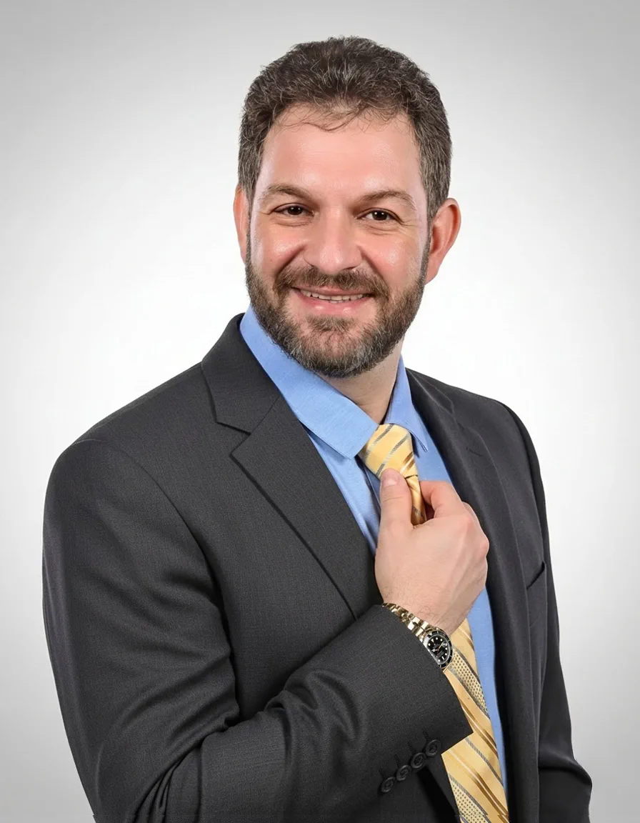 Roman Smolkin in a charcoal suit, blue shirt and gold striped tie,
                    smiling and straightening his tie against a light grey backdrop.
